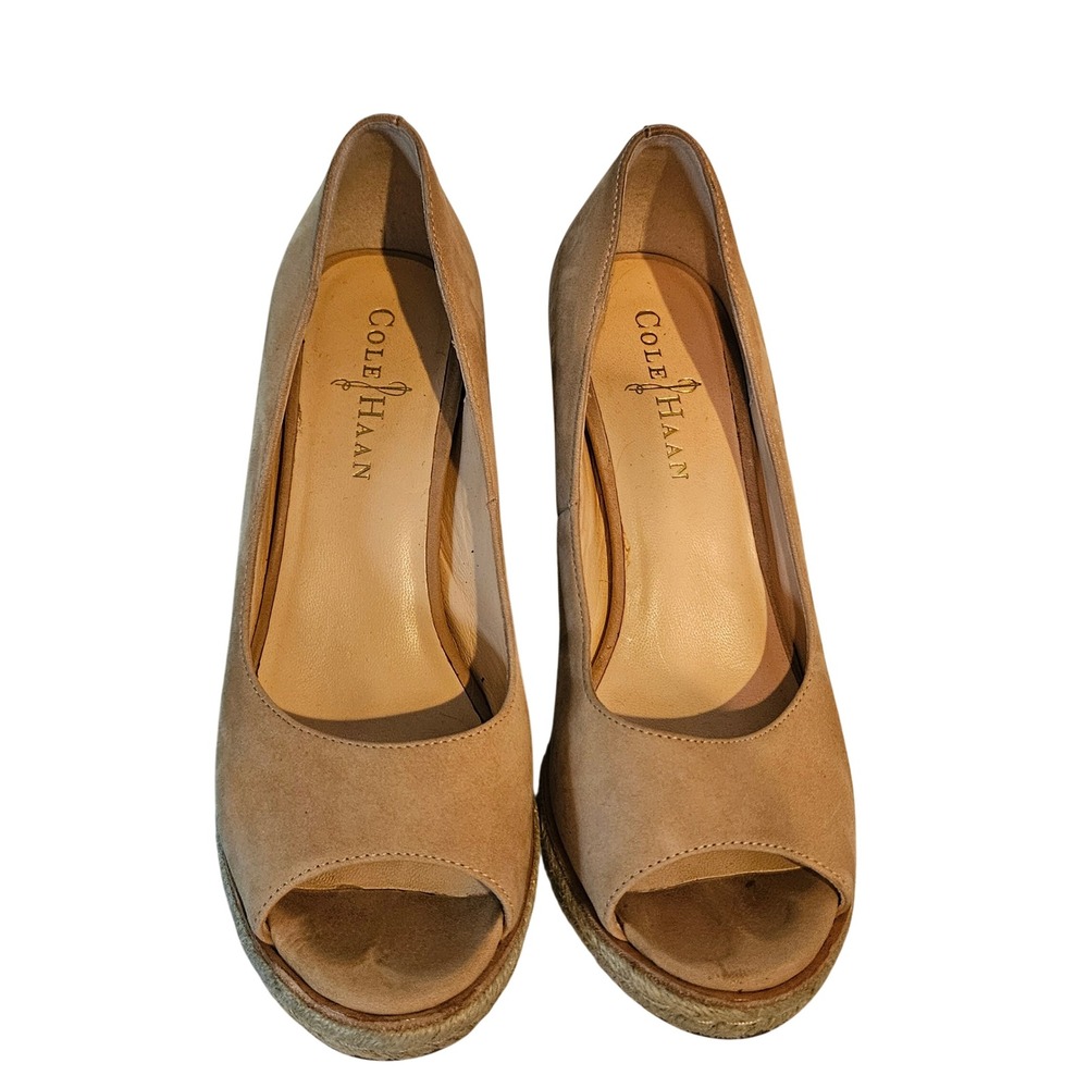 Cole Haan Women's Tan Suede Peep Toe Cork Wedge Espadrille Sandals Size 5.5B